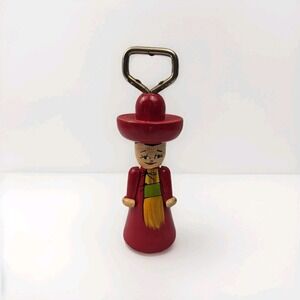 Vintage Wooden Bottle Opener Folk Art Lady Red Dress Hand Painted Bar Decor 6"